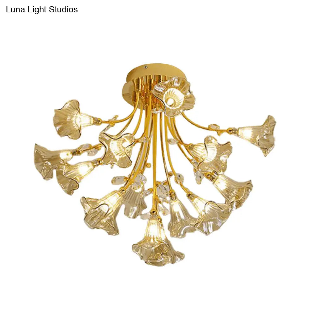 Gold Starburst Crystal Ceiling Light Fixture - Modern Semi Flush Mount With 16 Heads