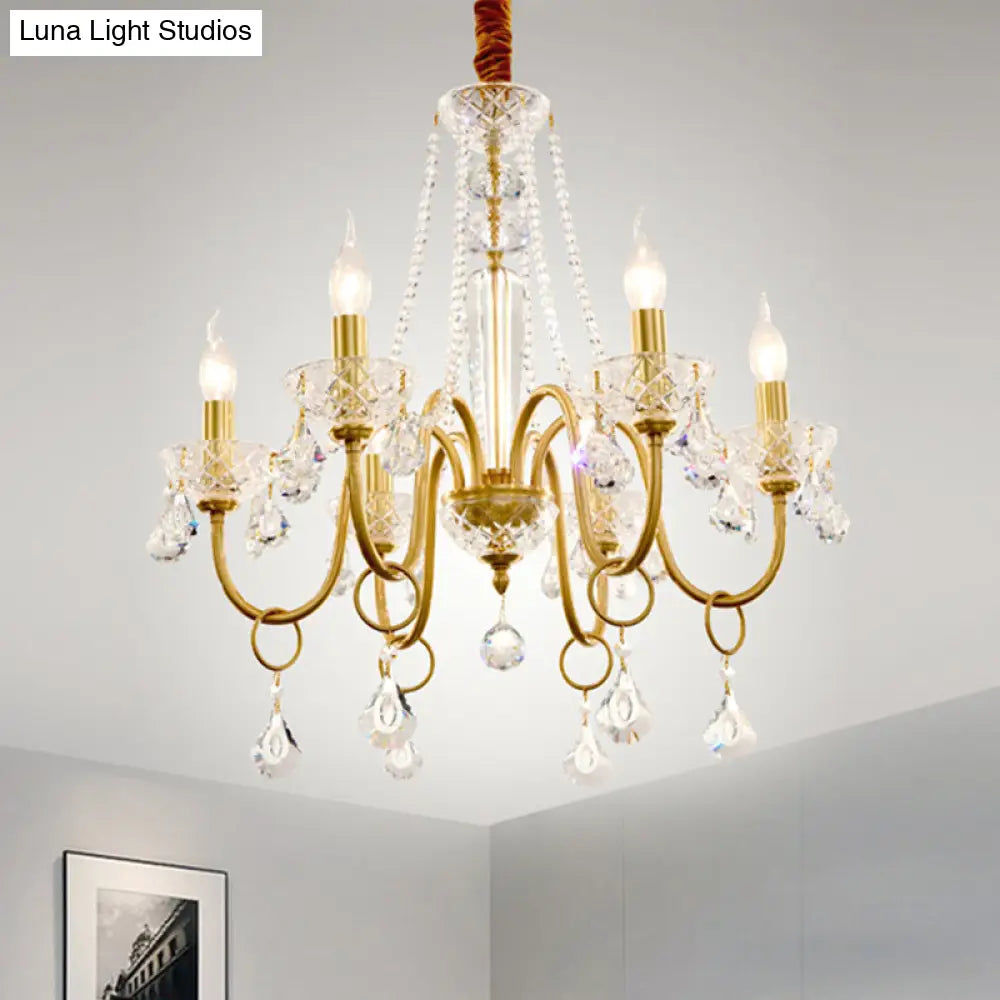 Gold Swirled Arm Pendant Chandelier With Crystal Droplets - 6-Bulb Metal Hanging Light Fixture