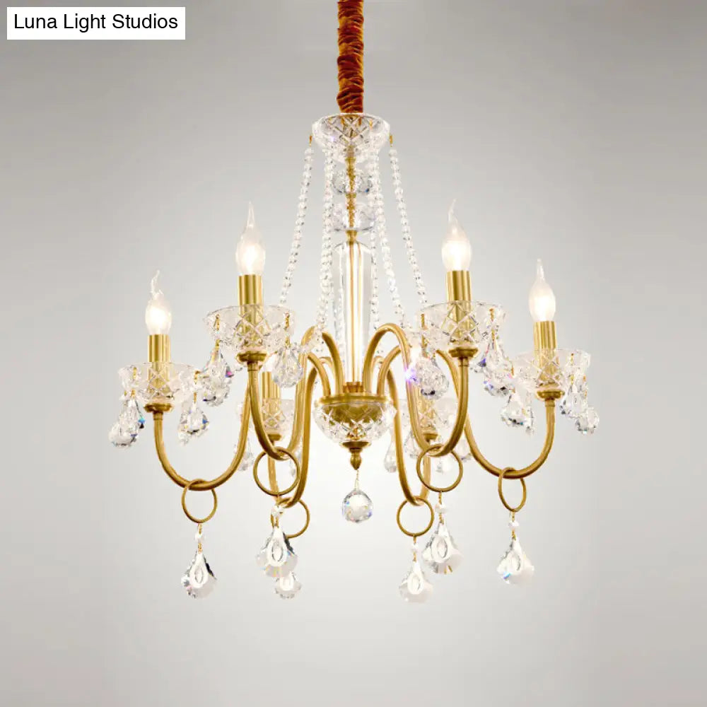 Gold Swirled Arm Pendant Chandelier With Crystal Droplets - 6-Bulb Metal Hanging Light Fixture