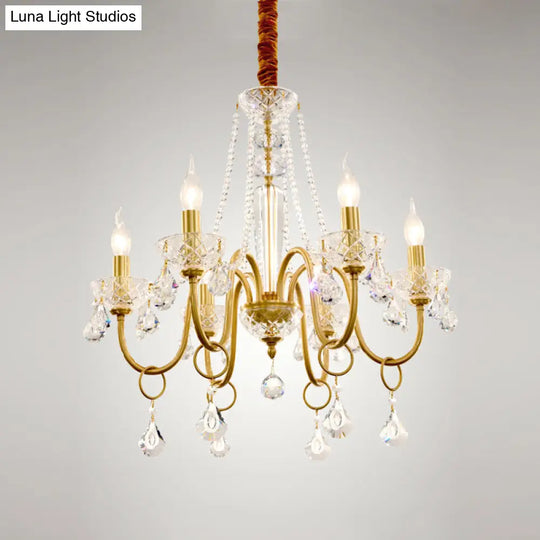 Gold Swirled Arm Pendant Chandelier With Crystal Droplets - 6-Bulb Metal Hanging Light Fixture