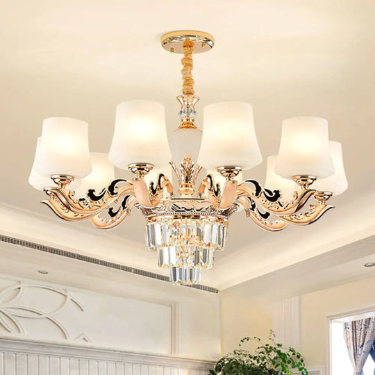 Gold Tapered Chandelier Lamp: Elegant Pendulum Light With White Frosted Glass Shade For Living Room