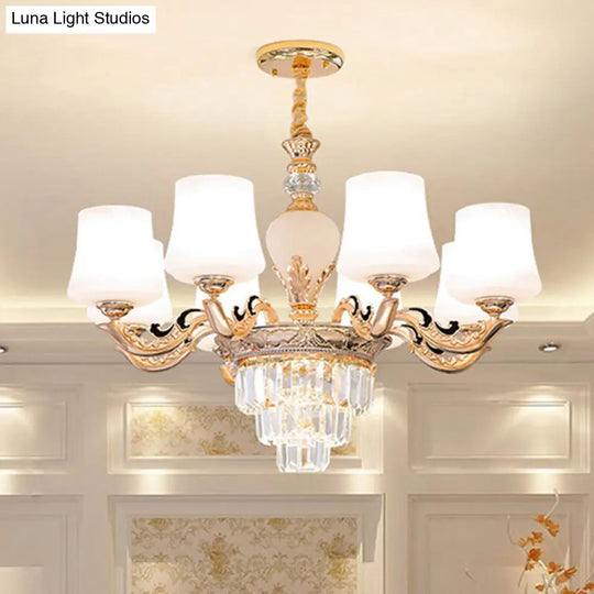 Gold Tapered Chandelier With Frosted Glass Shade For Living Room