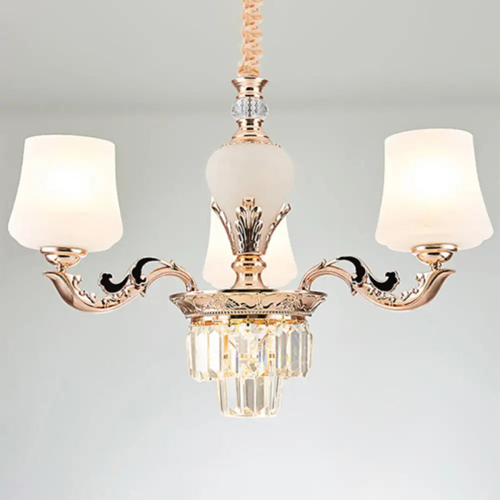 Gold Tapered Chandelier Lamp: Elegant Pendulum Light With White Frosted Glass Shade For Living Room