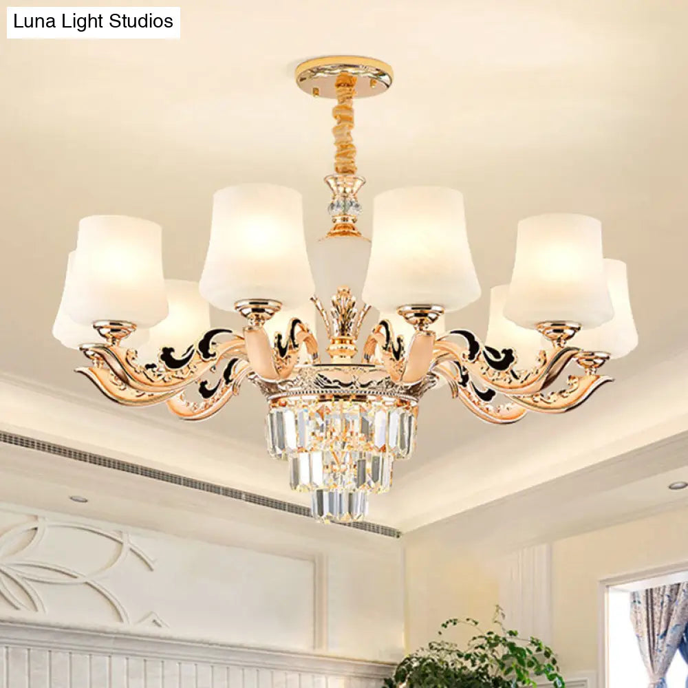 Gold Tapered Chandelier With Frosted Glass Shade For Living Room 10 / White