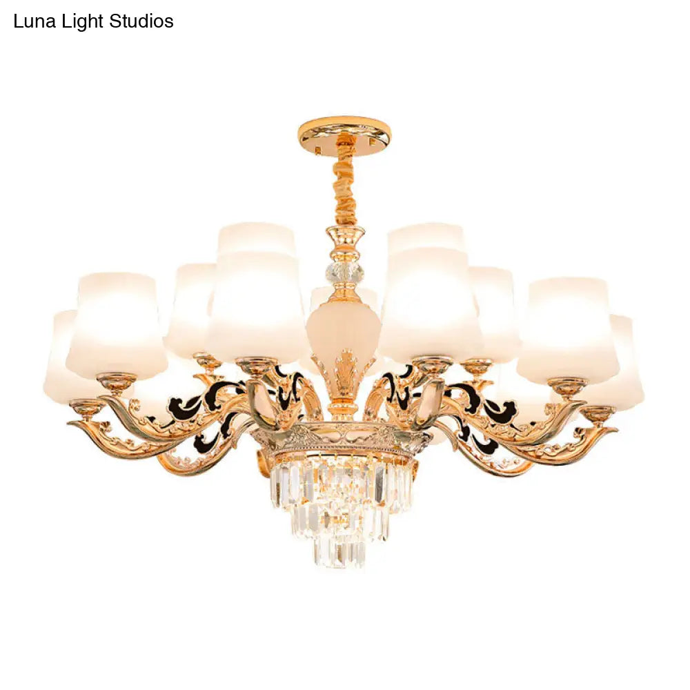 Gold Tapered Chandelier With Frosted Glass Shade For Living Room