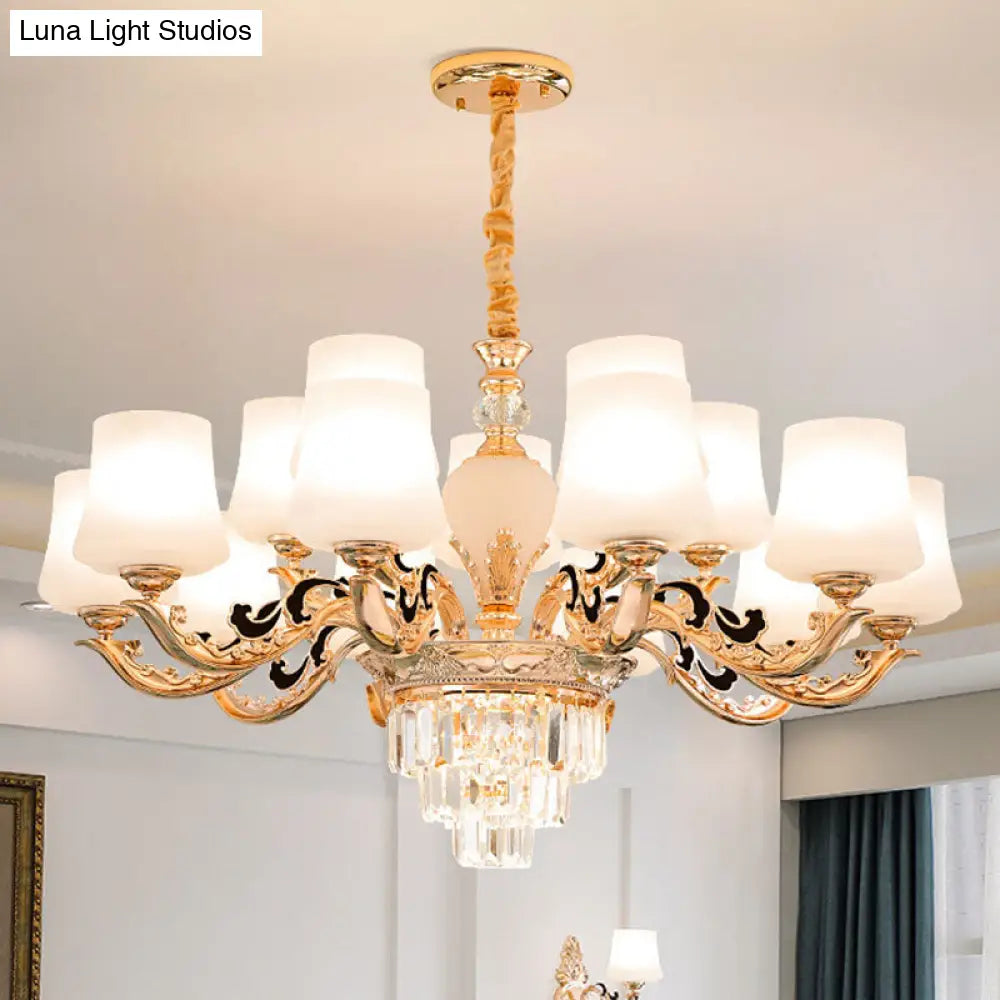 Gold Tapered Chandelier With Frosted Glass Shade For Living Room 15 / White