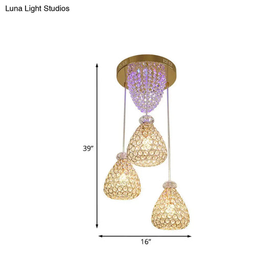 Gold Teardrop Crystal Ceiling Lamp - Modernism 3-Head Cluster Pendant Light