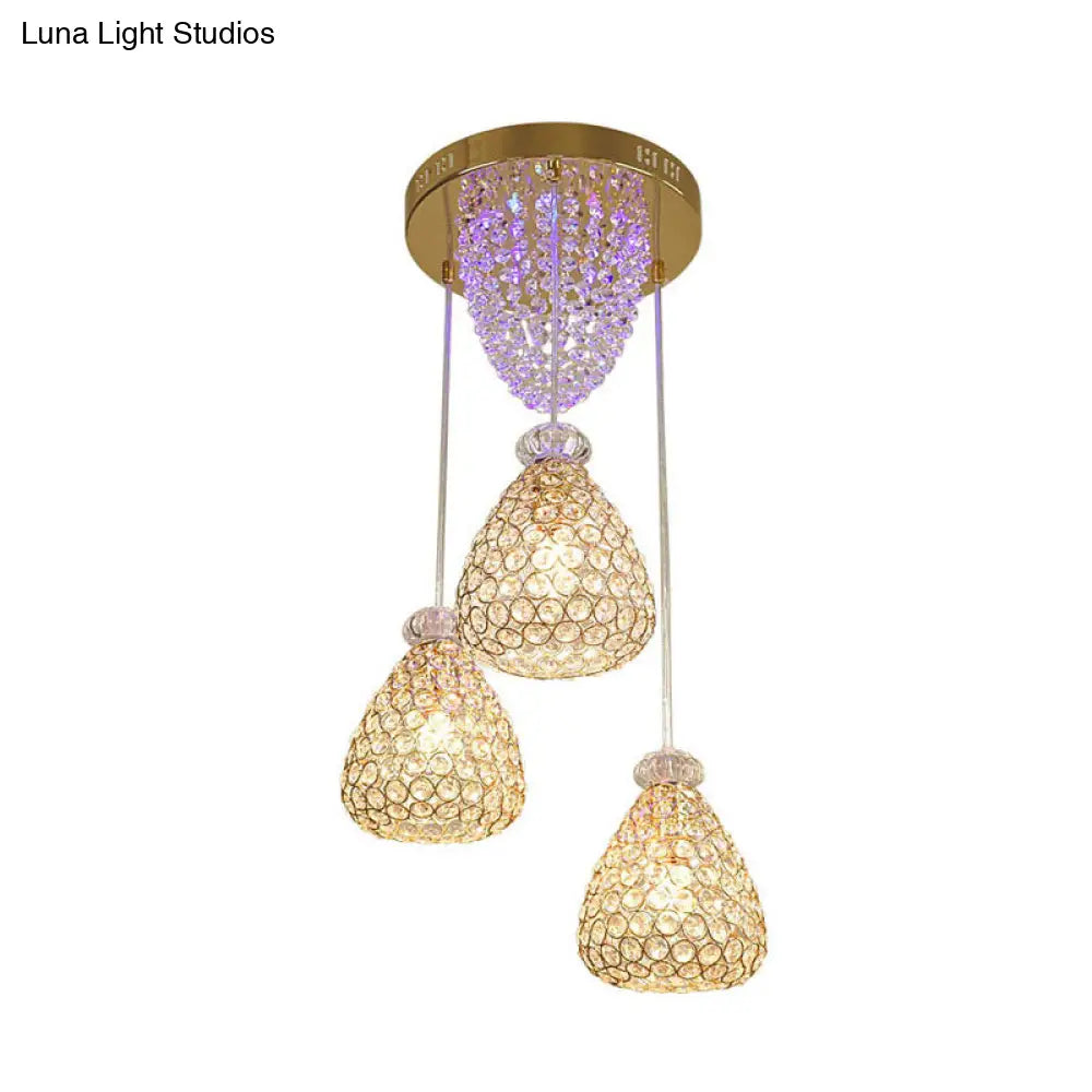 Gold Teardrop Crystal Ceiling Lamp - Modernism 3-Head Cluster Pendant Light