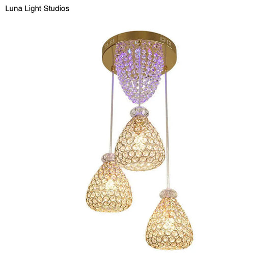 Modernist Teardrop Crystal Ceiling Lamp - 3 Head Cluster Pendant Light In Gold