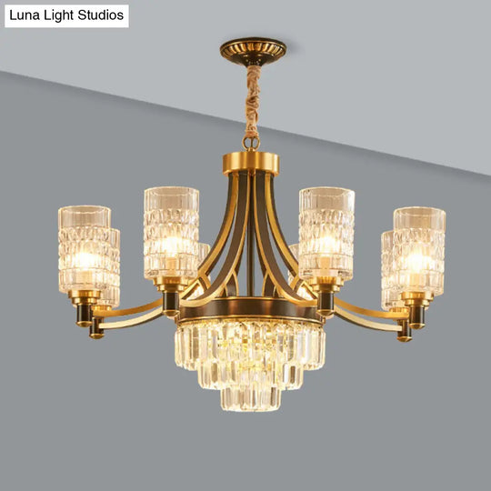 Textured Crystal Cylinder Hanging Light In Gold - 6/8 Head Postmodern Chandelier For Dining Room