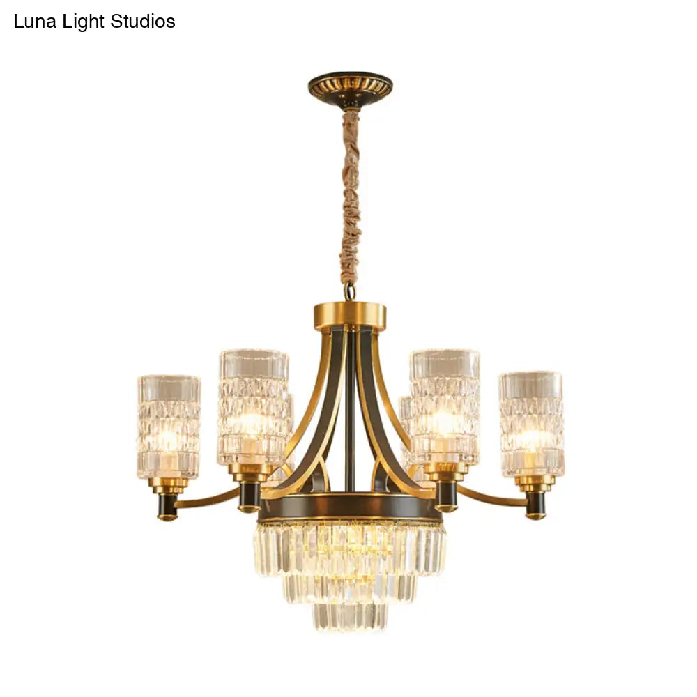 Textured Crystal Cylinder Hanging Light In Gold - 6/8 Head Postmodern Chandelier For Dining Room