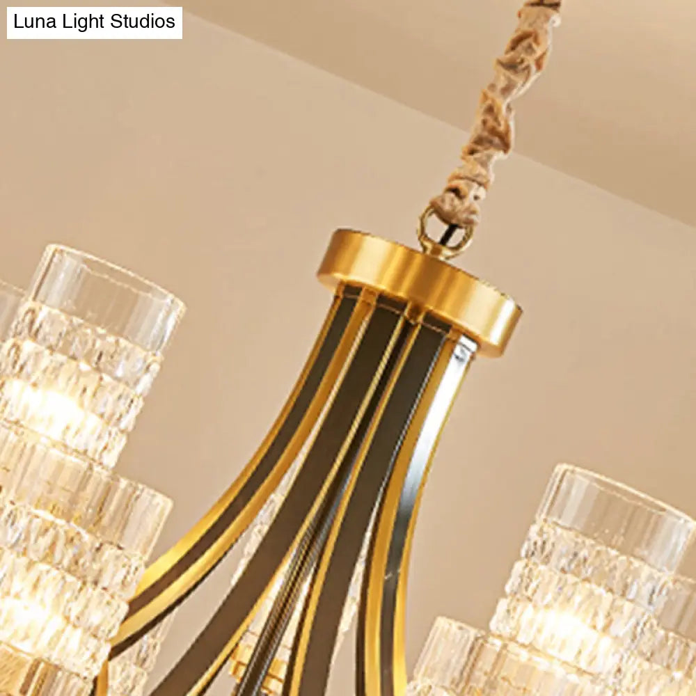 Textured Crystal Cylinder Hanging Light In Gold - 6/8 Head Postmodern Chandelier For Dining Room