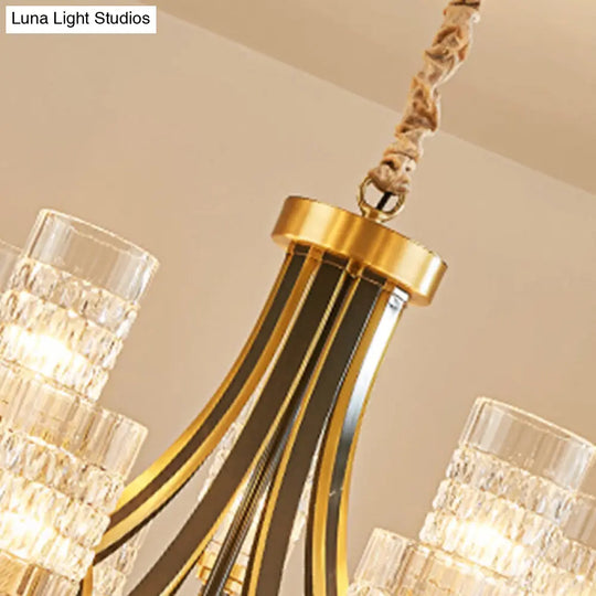 Textured Crystal Cylinder Hanging Light In Gold - 6/8 Head Postmodern Chandelier For Dining Room