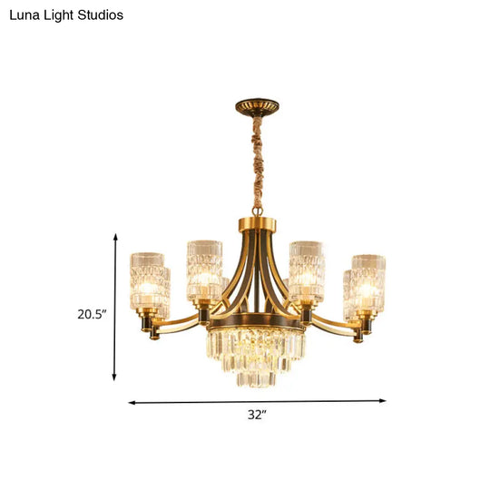 Textured Crystal Cylinder Hanging Light In Gold - 6/8 Head Postmodern Chandelier For Dining Room