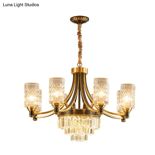 Textured Crystal Cylinder Hanging Light In Gold - 6/8 Head Postmodern Chandelier For Dining Room