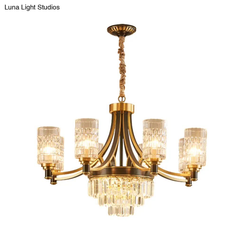 Gold Textured Crystal Chandelier With Cylinder Dining Room Hanging Light - Postmodern Style 6/8