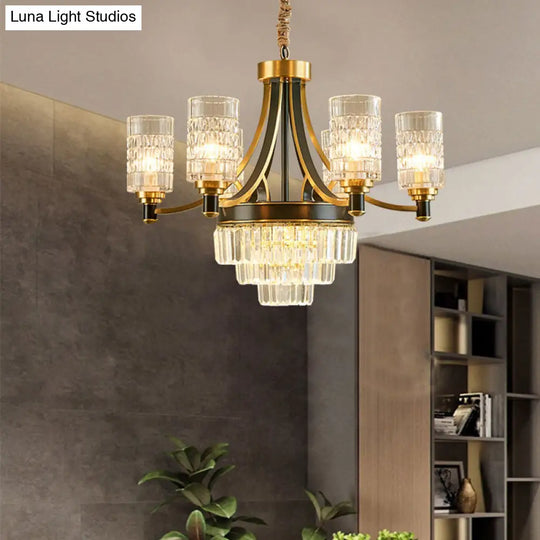 Gold Textured Crystal Chandelier With Cylinder Dining Room Hanging Light - Postmodern Style 6/8