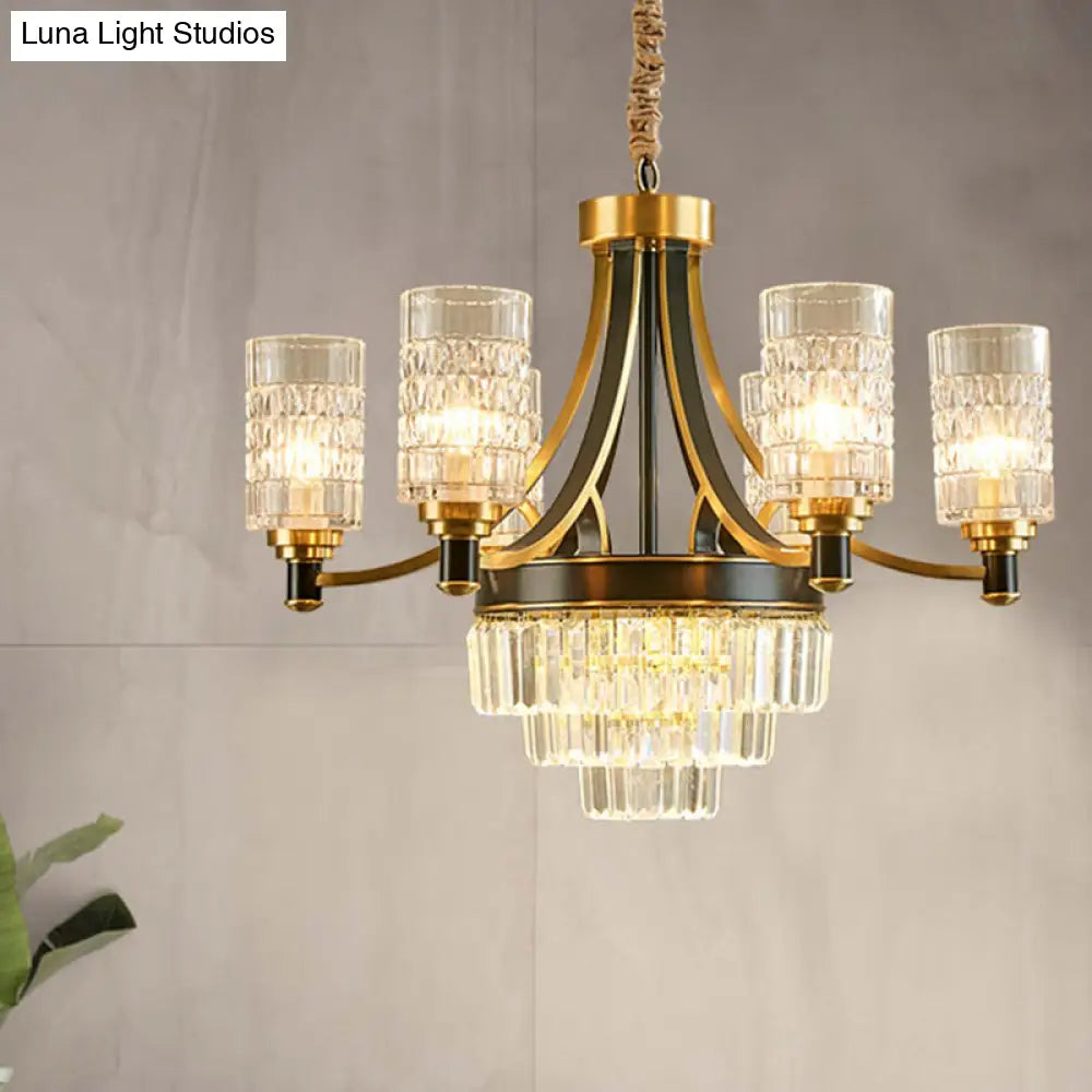 Gold Textured Crystal Chandelier With Cylinder Dining Room Hanging Light - Postmodern Style 6/8