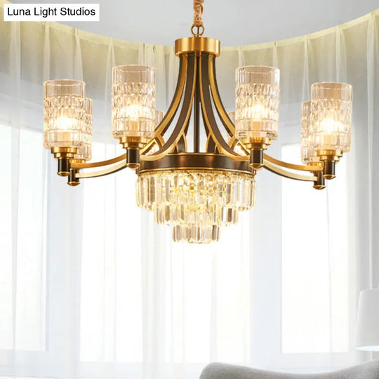 Textured Crystal Cylinder Hanging Light In Gold - 6/8 Head Postmodern Chandelier For Dining Room