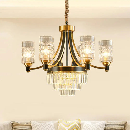 Gold Textured Crystal Chandelier With Cylinder Dining Room Hanging Light - Postmodern Style 6/8