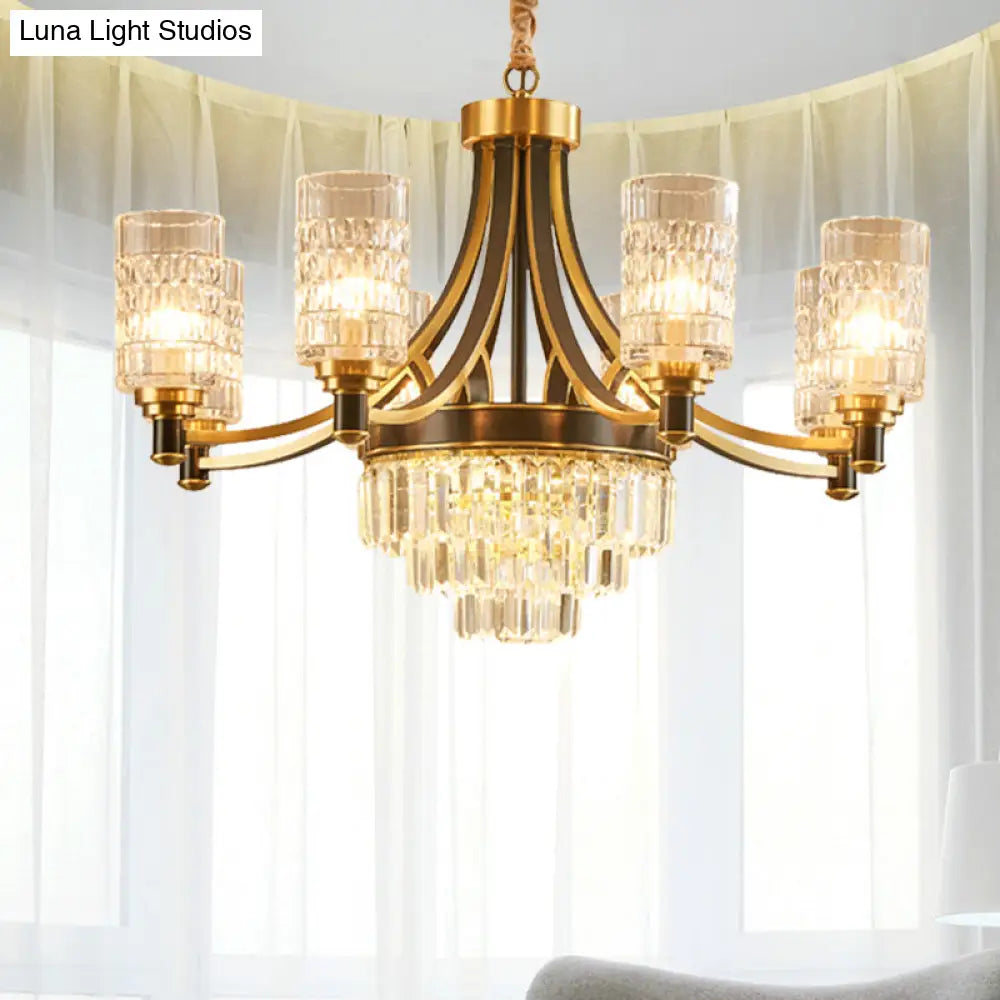 Gold Textured Crystal Chandelier With Cylinder Dining Room Hanging Light - Postmodern Style 6/8