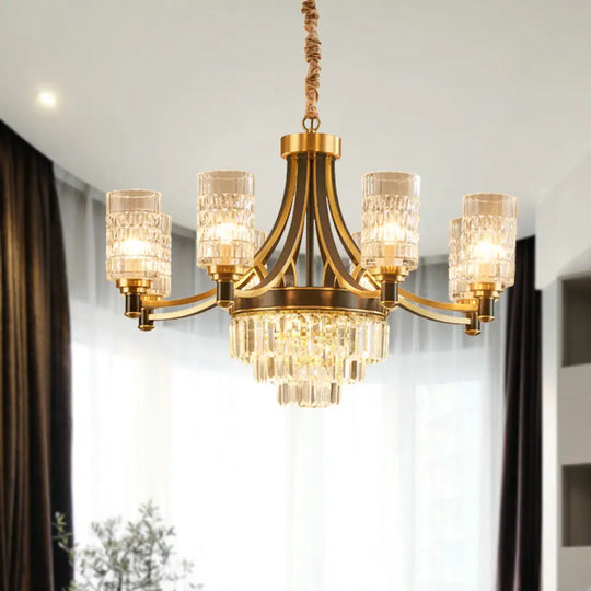 Gold Textured Crystal Chandelier With Cylinder Dining Room Hanging Light - Postmodern Style 6/8