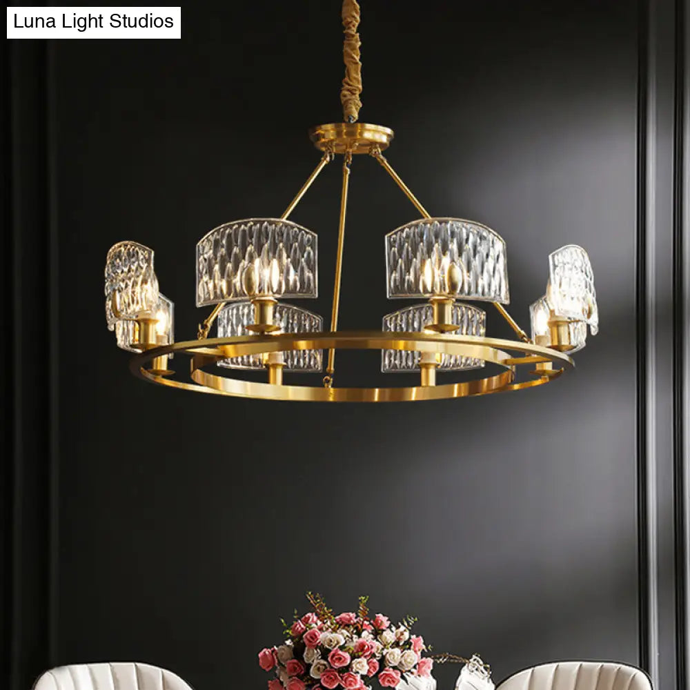 Gold Textured Glass Circle Pendant Light - Mid-Century Chandelier With 6/8/10 Lights For Living Room