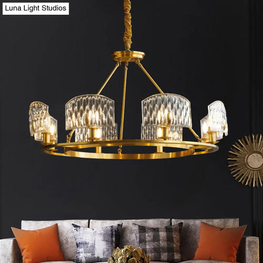 Mid-Century Textured Glass Circle Pendant Light With 6/8/10 Lights In Gold For Living Room