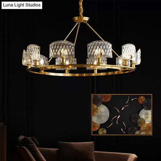 Mid-Century Textured Glass Circle Pendant Light With 6/8/10 Lights In Gold For Living Room