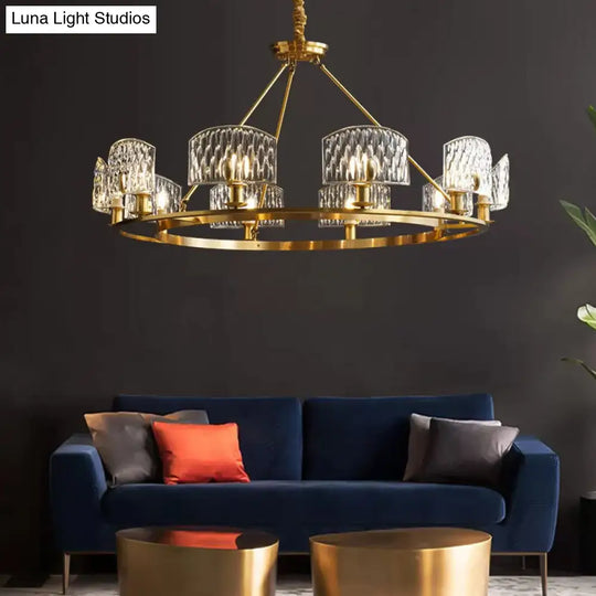 Mid-Century Textured Glass Circle Pendant Light With 6/8/10 Lights In Gold For Living Room