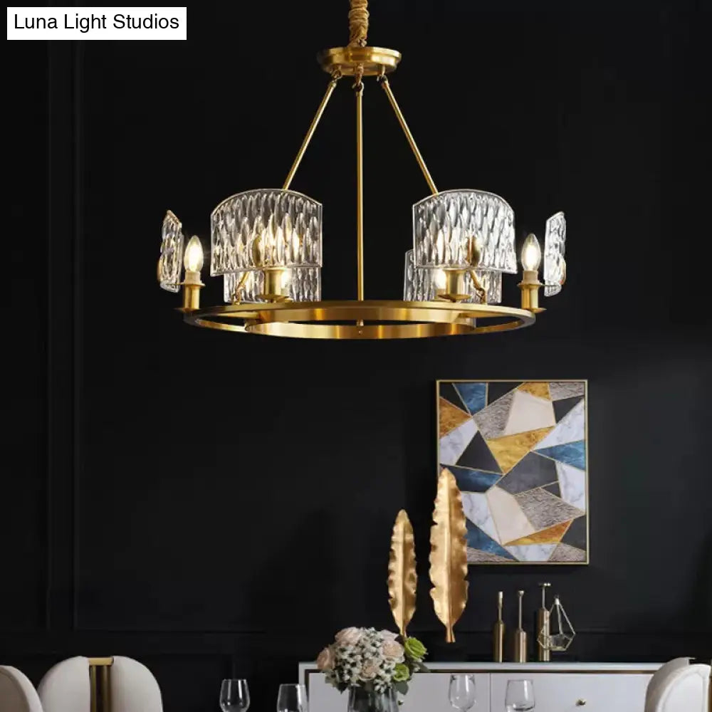 Mid-Century Textured Glass Circle Pendant Light With 6/8/10 Lights In Gold For Living Room