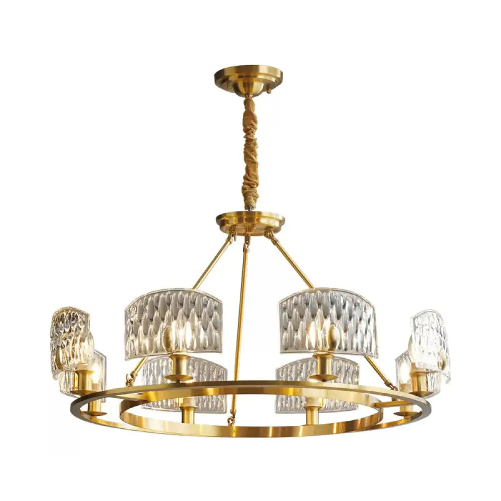 Gold Textured Glass Circle Pendant Light - Mid-Century Chandelier With 6/8/10 Lights For Living