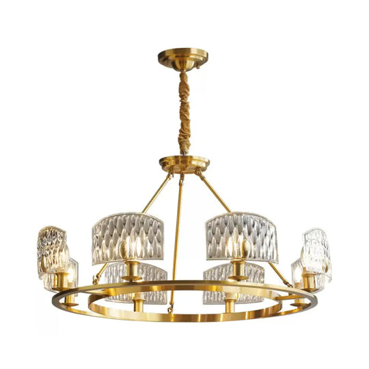 Gold Textured Glass Circle Pendant Light - Mid-Century Chandelier With 6/8/10 Lights For Living