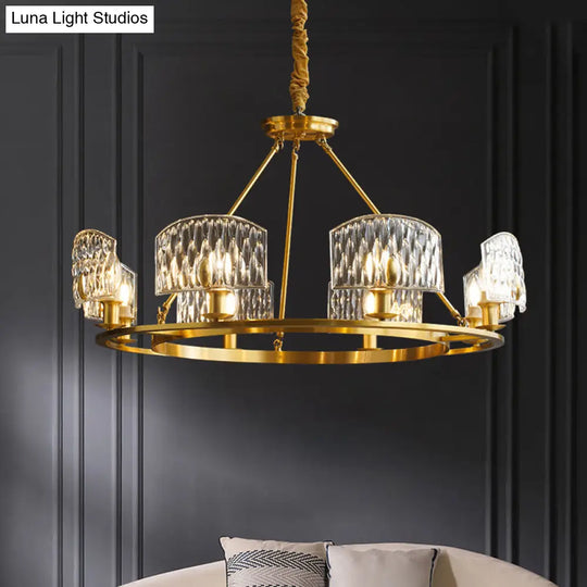 Mid-Century Textured Glass Circle Pendant Light With 6/8/10 Lights In Gold For Living Room