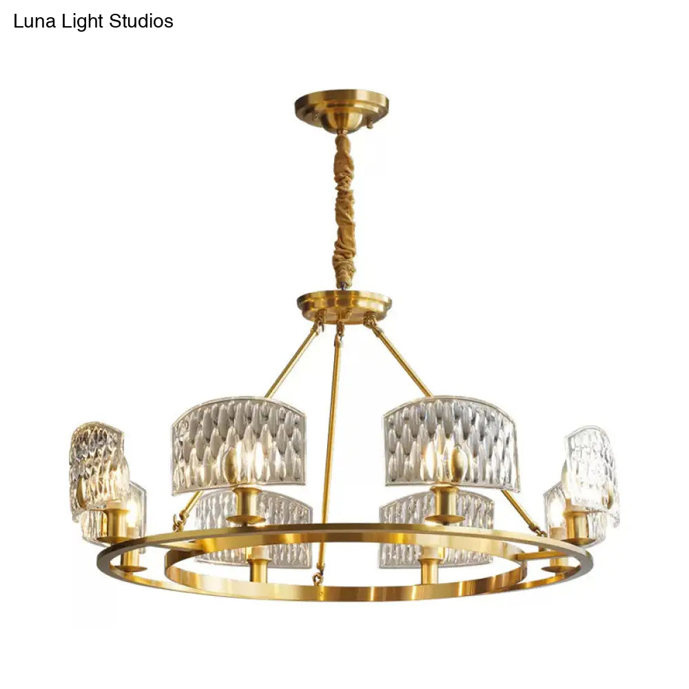 Mid-Century Textured Glass Circle Pendant Light With 6/8/10 Lights In Gold For Living Room