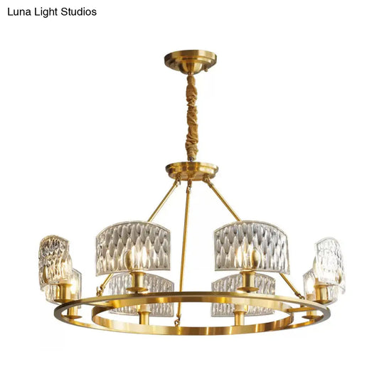 Mid-Century Textured Glass Circle Pendant Light With 6/8/10 Lights In Gold For Living Room