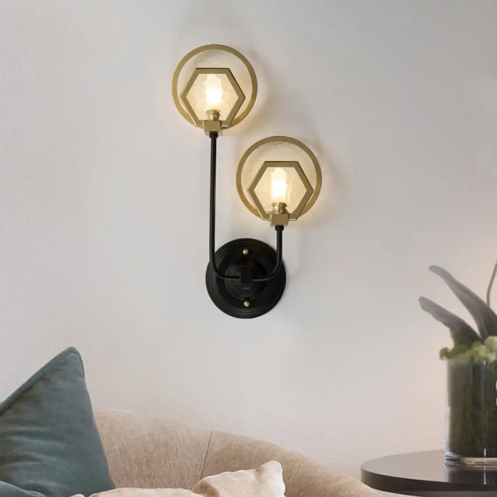 Gold Textured Glass Hexagon Wall Sconce - 1 Or 2 Head Light Fixture For Living Room /