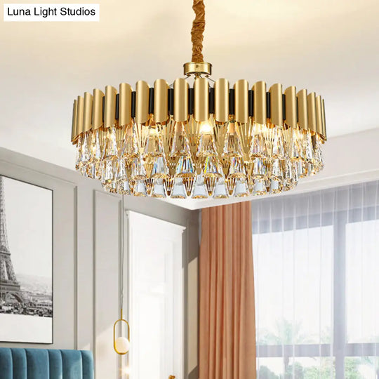 Minimalist Gold Tiered Chandelier With Tri-Prism Crystal - Living Room Pendant Light 16 /