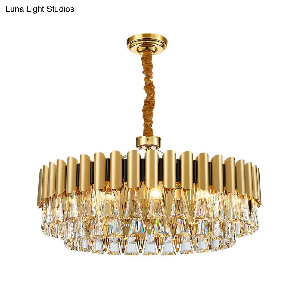 Gold Tiered Chandelier Pendant Light With Minimalist Tri-Prism Crystal For Living Room