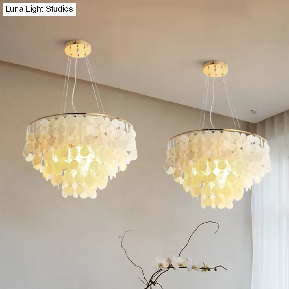 Gold Tiered Circle Chandelier - Countryside Shell Suspension Pendant For Living Room