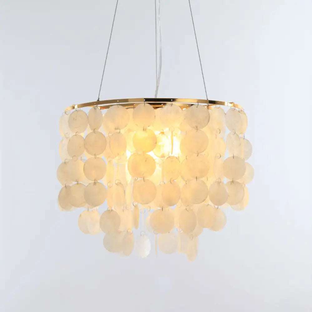 Gold Tiered Circle Chandelier - Countryside Shell Suspension Pendant For Living Room / 15