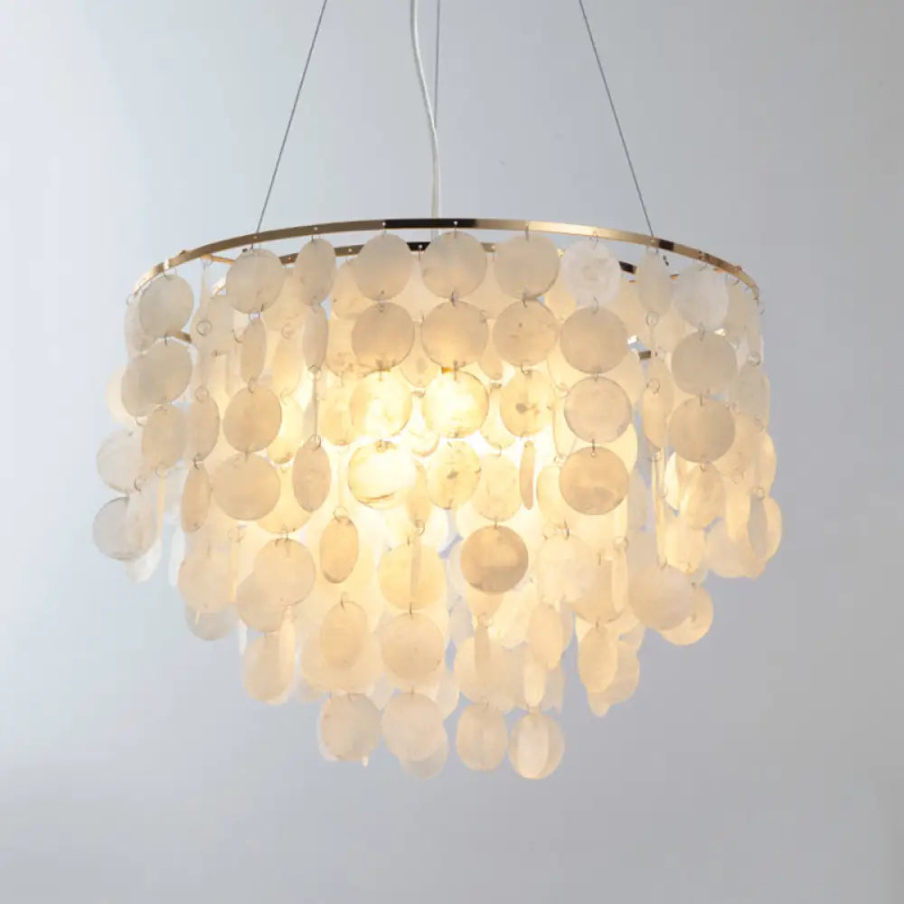 Gold Tiered Circle Chandelier - Countryside Shell Suspension Pendant For Living Room / 19.5