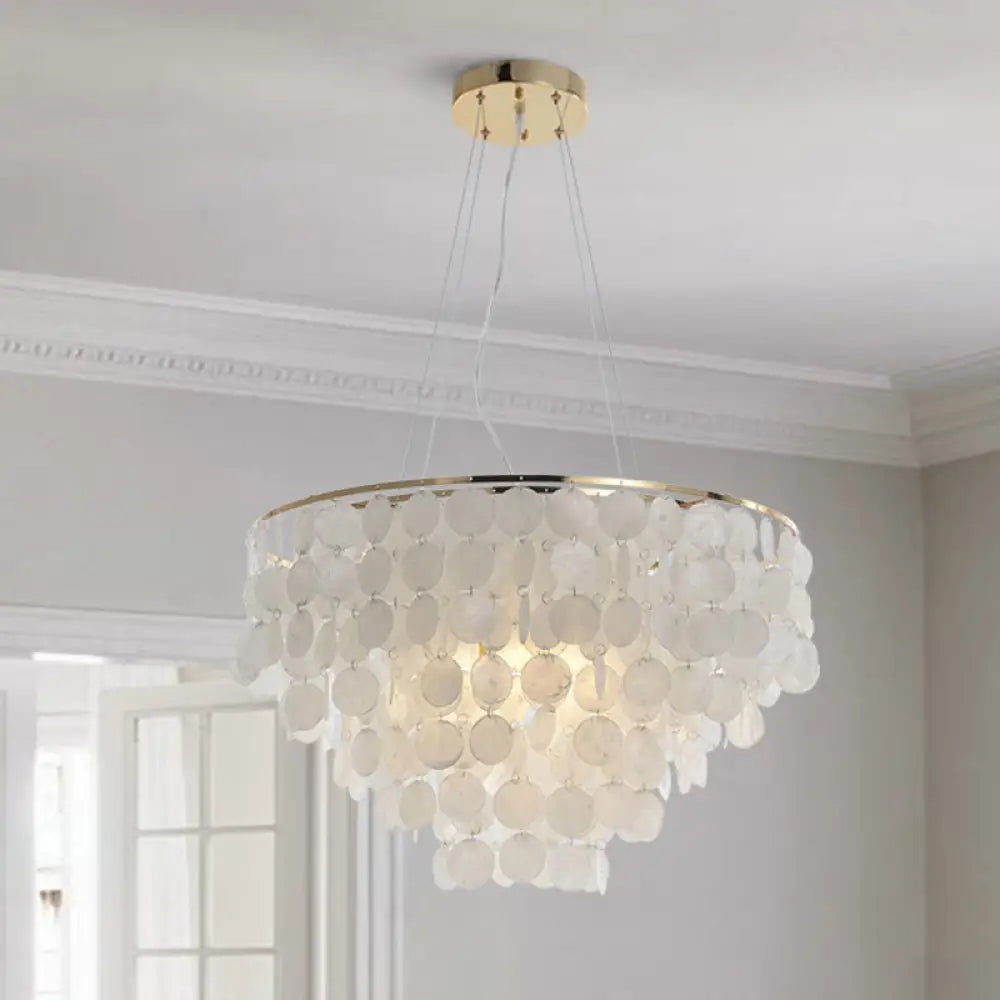 Gold Tiered Circle Chandelier - Countryside Shell Suspension Pendant For Living Room / 23.5