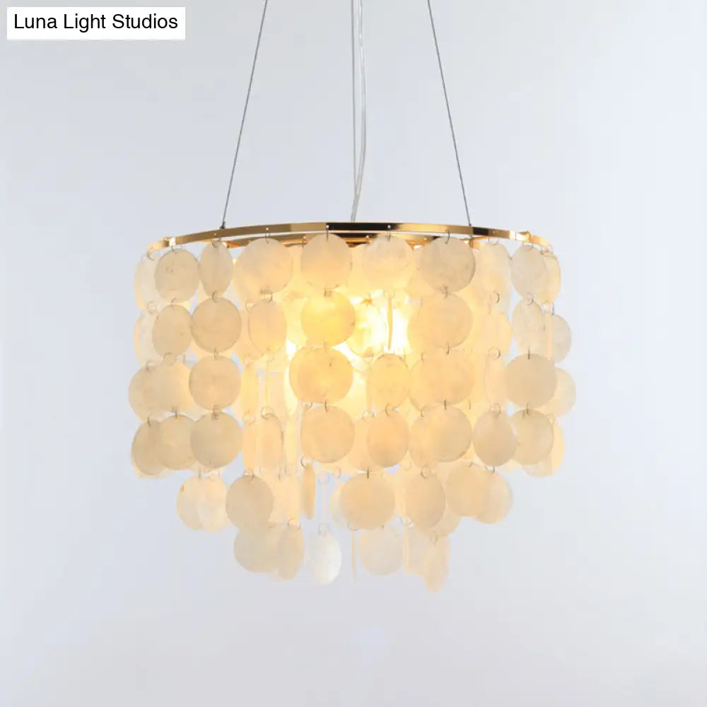 Gold Tiered Circle Chandelier - Countryside Shell Suspension Pendant For Living Room