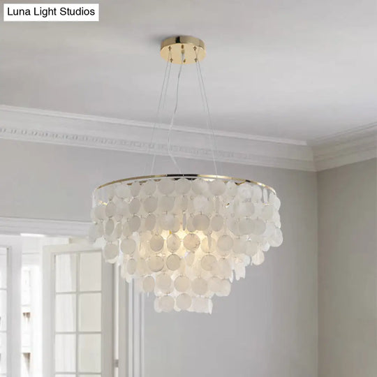 Gold Tiered Circle Chandelier - Countryside Shell Suspension Pendant For Living Room