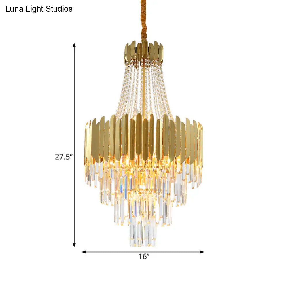 Golden Cone Design Chandelier With 10 Bulbs & Clear Crystal - Simplicity Tiered Lamp Fixture