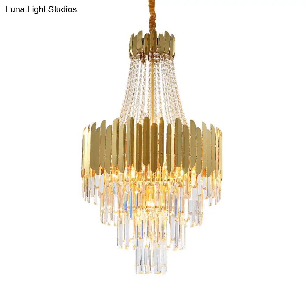 Gold Tiered Crystal Chandelier Lamp With 10 Bulbs – Elegant Simplicity And Cone Design