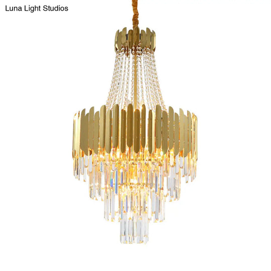 Gold Tiered Crystal Chandelier Lamp With 10 Bulbs – Elegant Simplicity And Cone Design