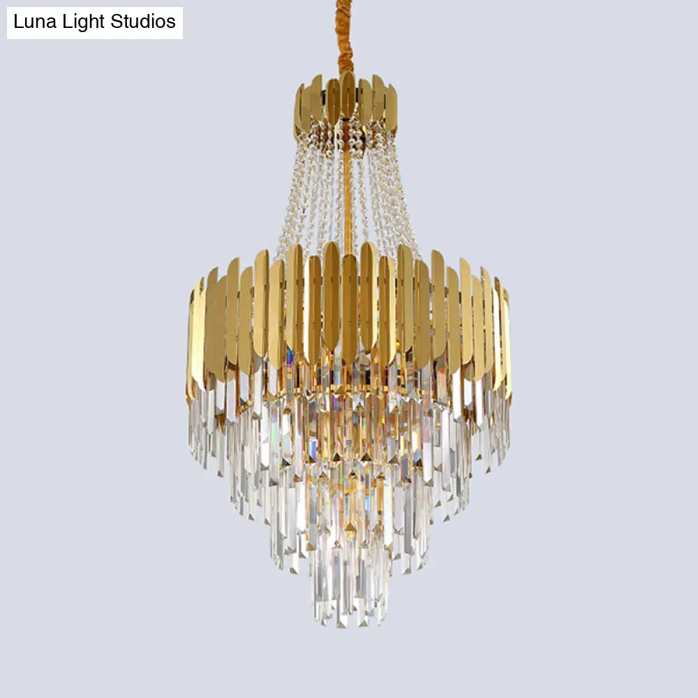 Gold Tiered Crystal Chandelier Lamp With 10 Bulbs – Elegant Simplicity And Cone Design