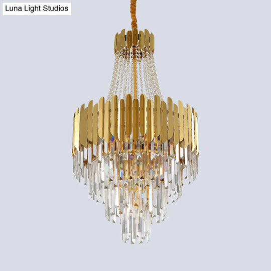 Gold Tiered Crystal Chandelier Lamp With 10 Bulbs – Elegant Simplicity And Cone Design